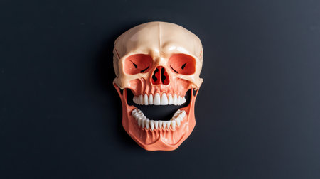 Realistic human skull model showcasing dental anatomy, facial features, and cranial structure on a dark background for educational and artistic purposesの素材