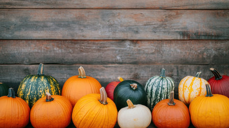 A Variety of Colorful Pumpkins in Various Shapes and Sizes Arranged Neatly Against a Rustic Wooden Background for Seasonal Decor and Fall Photographyの素材