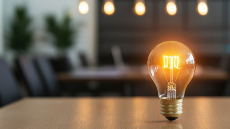 Vintage light bulb glowing on a wooden table with a blurred background of an office setting featuring decorative plants and warm lightingの素材