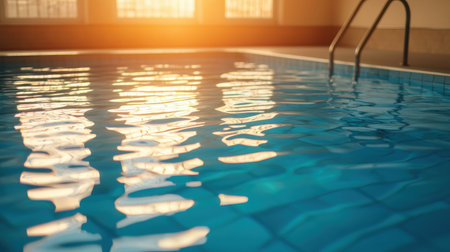 Sparkling Water Surface of Indoor Swimming Pool with Sunlight Reflection and Calm Atmosphere in Relaxation Spaceの素材