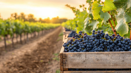 Beautiful grape harvest during sunset in a vineyard with green leaves and ripe grapes in wooden crates, showcasing agriculture and nature's bountyの素材