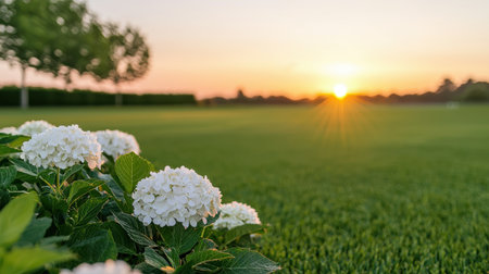 Serene Evening Landscape with White Hydrangea Flowers in the Foreground and a Beautiful Sunset Over Lush Green Grass Fieldの素材