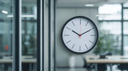 Modern Office Clock Displaying Time in Professional Workspace with Bright Natural Light and Minimalistic Design Elementsの素材