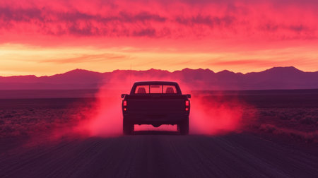 Stunning Sunset Behind Pickup Truck Driving on Dusty Road in Vast Landscape with Mountains in Background and Vibrant Colorful Skyの素材