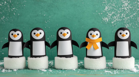 Adorable cartoon penguins crafted from paper, displaying cheerful expressions, with festive snow and winter-themed background for seasonal decorationの素材