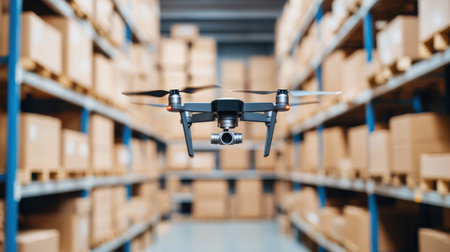 Aerial Drone in Warehouse Capturing Inventory for Modern Supply Chain Management, Automation, and Logistics Solutions with Boxed Goods on Shelvesの素材