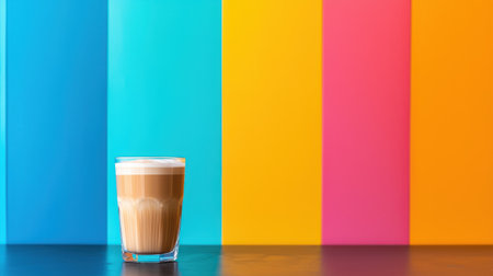 Glass of creamy latte coffee on a vibrant colorful background with shades of blue, yellow, and pink, perfect for beverage and food photography projectsの素材