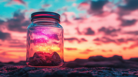 Captivating Glass Jar with Colorful Gems Emitting Cosmic Glow Against Scenic Sunset Backdrop in Celestial Vibes at Golden Hourの素材