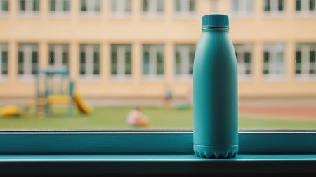 Stylish turquoise water bottle positioned on a window sill, offering a refreshing beverage option in a vibrant schoolyard setting with blurred background.の素材