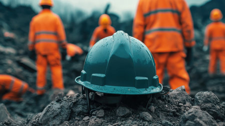 Safety Helmet on Construction Site with Workers in Background Wearing Orange Overalls and Helmets, Focus on Hardhat Surrounded by Earth and Rocksの素材