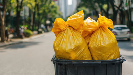Bright Yellow Trash Bags in a Black Wheelie Bin on a City Street Surrounded by Trees and Vehicles on a Sunny Dayの素材
