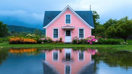 Serene Pink House Surrounded by Colorful Flowers and Calm Reflection in Water Under Dramatic Cloudy Skyの素材