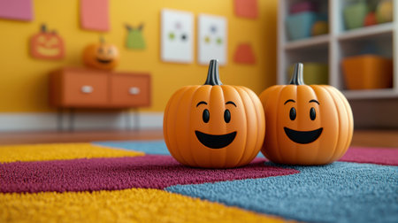 Cheerful pumpkins with faces in a vibrant children's room, perfect for autumn celebrations and Halloween decor featuring playful colors and fun vibes.の素材