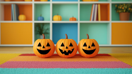 Cheerful Halloween Pumpkins with Smiling Faces on Colorful Floor in Modern Room Setting, Suitable for Festive Celebrations and Seasonal Decor Ideasの素材