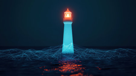 Futuristic digital lighthouse illuminated at night surrounded by glowing blue waves and high-tech visual effects in a serene ocean landscapeの素材