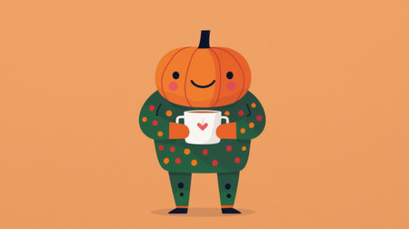 Cheerful Pumpkin Character with Coffee Cup, Wearing Colorful Sweater, Autumn Theme, Happy Vibes, Cute Illustration for Fall Festivitiesの素材