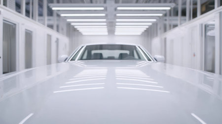 Sleek White Car in Modern Automotive Painting Facility with Bright Lighting and Clean Environment for Vehicle Restoration and Maintenance Projectsの素材