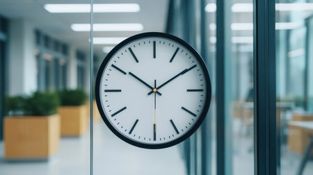Modern Office Clock Displaying Time and Minimalistic Design in Bright Corporate Environmentの素材
