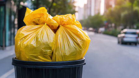 Yellow Garbage Bags in Black Bin on Urban Street with Trees and Buildings in the Background during Sunsetの素材