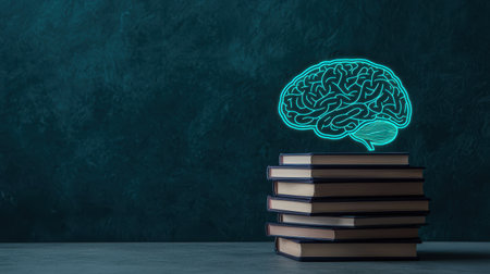 Modern Concept of Learning and Knowledge with Neon Brain Illustration over Stack of Books on Dark Backgroundの素材