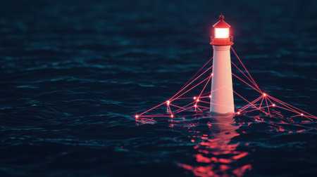 A Beautiful Lighthouse Illuminating the Night Sky with a Soft Red Glow in Tranquil Waters, Symbolizing Guidance and Safety for Seafarersの素材