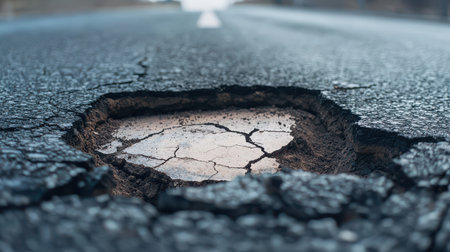Detailed close-up of an asphalt road with a large pothole, showcasing cracks and wear on urban infrastructure, symbolizing road maintenance issues and hazards.の素材