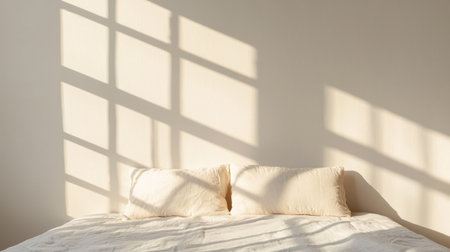 Cozy bedroom with soft cream bedding and gentle natural light creating serene shadow patterns on a calm wall in a minimalist interior spaceの素材