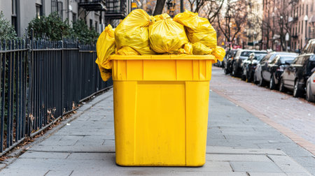 Bright Yellow Trash Bin Filled with Plastic Bags on Urban Sidewalk Surrounded by Trees and Cars in a Residential Neighborhoodの素材