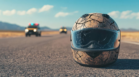 Cracked Motorcycle Helmet on Road with Police Cars in Background, Alerting to Dangers of Speeding and Reckless Driving in Open Landscapeの素材