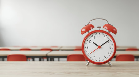 Red Alarm Clock on Wooden Table in Empty Classroom with Desks and Chairs, Symbolizing Time Management and Learning Environmentの素材