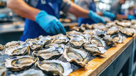 Freshly Shucked Oysters on Ice with Chefs Preparing Seafood at a Seafood Market or Restaurant During Busy Dining Scene in a Coastal Locationの素材