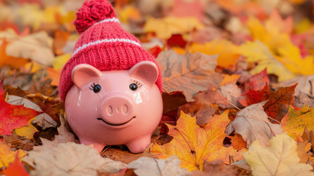 Adorable pink piggy bank wearing a red knitted hat surrounded by vibrant autumn leaves showcasing the beauty of seasonal change and financial savingsの素材