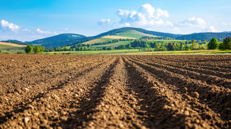 Beautiful Rural Landscape with Plowed Field and Rolling Hills Under Blue Skyの素材