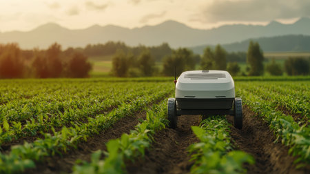 Smart Agriculture Robotic Machine Tending To Rows Of Green Plants Under Cloudy Skies In A Lush Field With Mountains In The Backgroundの素材