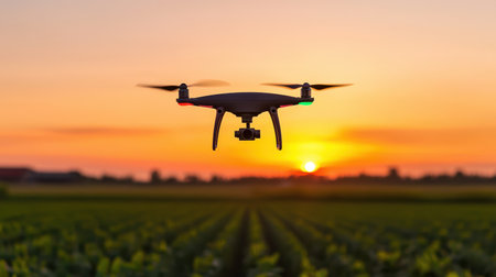 Aerial View of a Drone Capturing Stunning Landscape at Sunset Over Agricultural Fields with Orange Sky and Green Crops in the Backgroundの素材