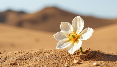 Resilient White Flower Blooming on Sandy Desert Landscape with Soft Hills in Background Showcases Nature's Beauty and Adaptability in Harsh Environmentsの素材