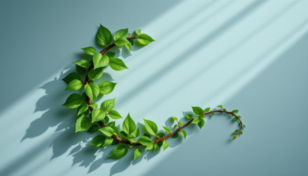 Decorative Green Vine on Blue Surface with Soft Shadows and Natural Light Creating a Calm and Serene Atmosphere in a Minimalist Settingの素材