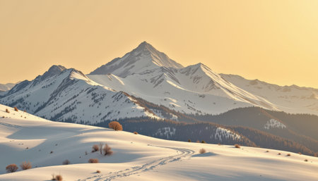 Serene Snow-Covered Mountains at Sunrise with Soft Light and Gentle Slopes in a Peaceful Winter Landscapeの素材