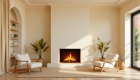 Cozy Living Room with Modern Fireplace and Natural Light, Featuring Contemporary Chairs and Indoor Green Plants in Stylish Interior Designの素材
