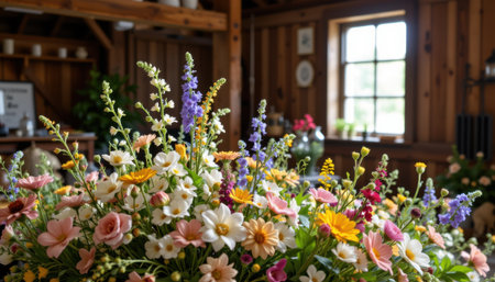 Vibrant Floral Arrangement in Cozy Interior Setting with Natural Light Streaming Through Rustic Wooden Windowの素材