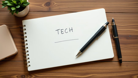 Blank Notepad with the Word Tech, Two Pens, and a Small Plant on a Wooden Table, Ideal for Creative Business or Technology Conceptsの素材