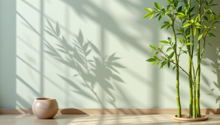 Bright and Serene Interior with Green Bamboo Plant, Soft Shadows and Minimalist Design in Light Room Creating a Calm and Tranquil Atmosphereの素材
