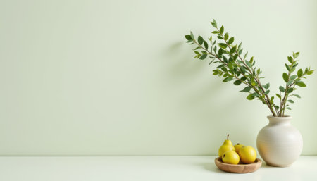 Fresh Greenery and Yellow Pears in a Minimalist Arrangement on a Light Green Background for Modern Interior Design Inspirationの素材