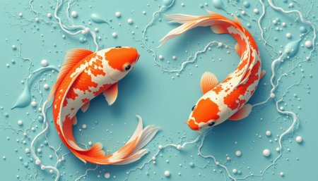 Two Vibrant Koi Fish Swimming Gracefully in an Aquatic Scene with Bubbles and Colorful Background, Representation of Peace and Tranquility in Natureの素材