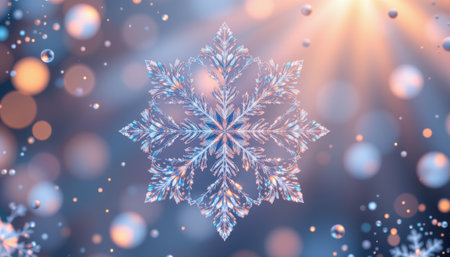 Ethereal Snowflake Design with Sparkling Bokeh Background and Soft Light Rays in Winter Wonderland Aesthetic for Seasonal Art and Decorationの素材