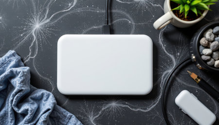 Modern white power bank on a textured black surface with cables, plants, stones, and fabric, creating a stylish workspace aestheticの素材