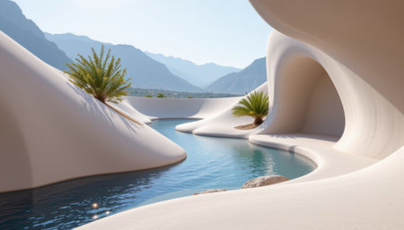 Tranquil modern landscape with fluid shapes and calm waters surrounded by mountains and lush greenery in a serene desert environmentの素材