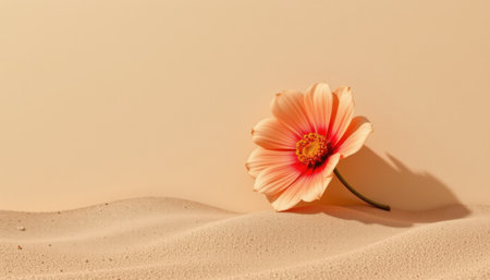 Delicate peach flower resting on smooth sandy surface against soft neutral background, symbolizing beauty and serenity in nature's simplicityの素材
