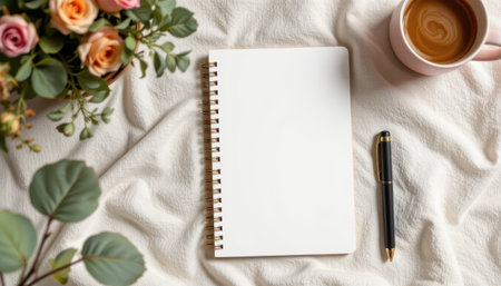 Cozy workspace setup with a blank notebook, a pen, a cup of coffee, and fresh flowers for inspiration and creativity in a calming environmentの素材