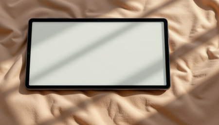 Modern tablet device lying on soft fabric background, showcasing sleek design, contemporary technology for workspace or leisure use in bright atmosphereの素材